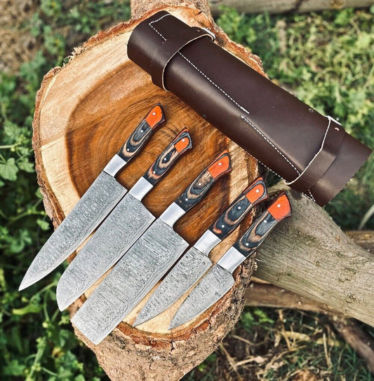 Damascus Kitchen Knife Set – Handmade 5-Piece Chef Set with Wood Handles & Leather Roll Bag