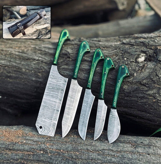 Damascus Kitchen Knife Set with Wood Handle – Hand-Forged Chef Knives + Leather Roll Bag
