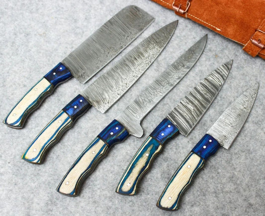 Damascus 5 PCS Chef Knife Set – Custom Handmade Kitchen Knives with Sheath
