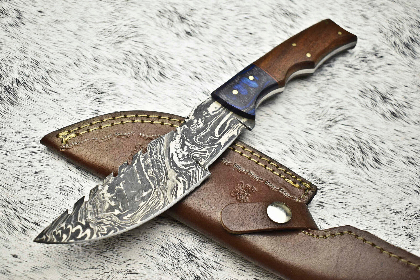Damascus Blade Camping Tracker Full Tang Knife with Leather Sheath