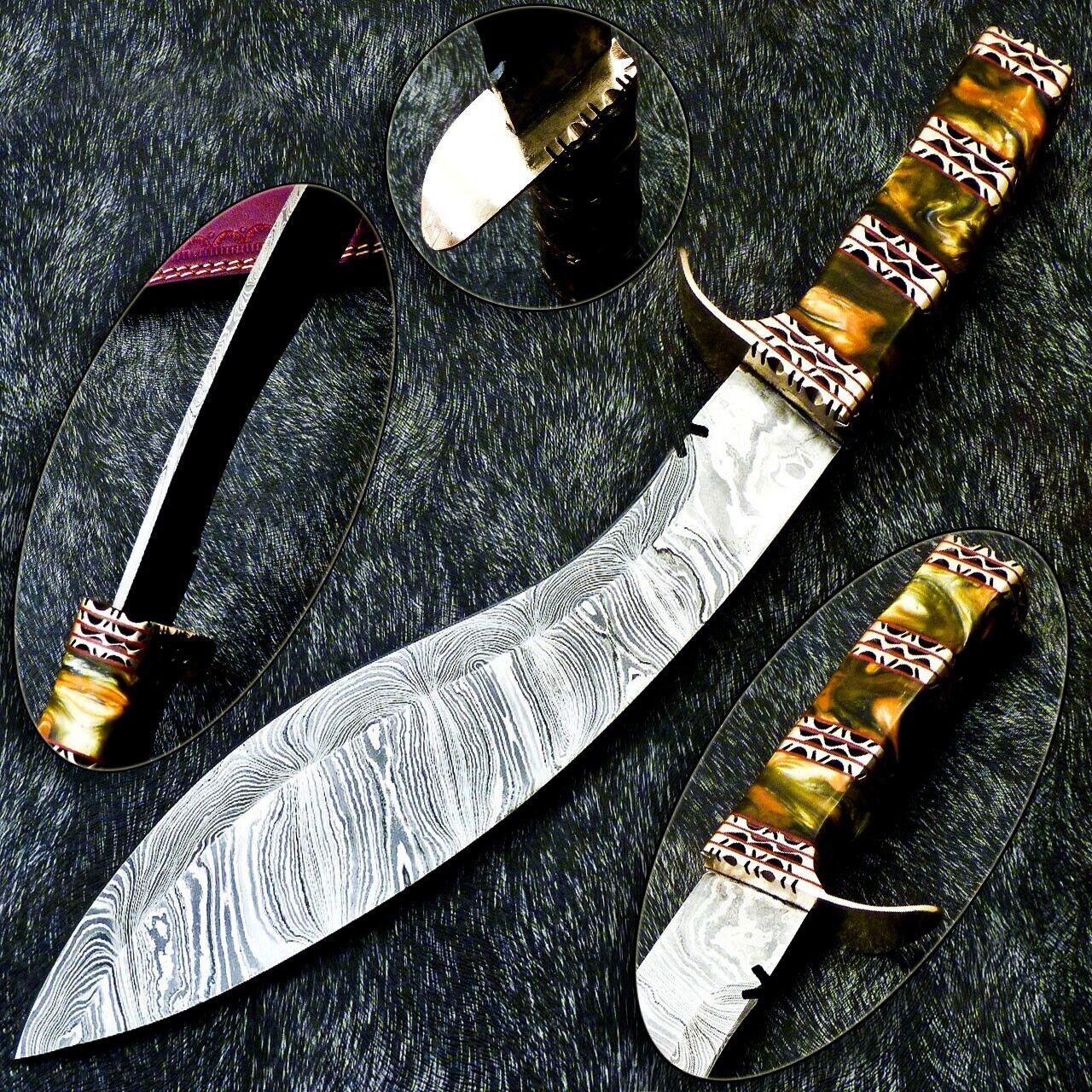 Damascus Bowie Kukri – 15" Handmade Resin Handle with Engraved Brass & Leather Sheath