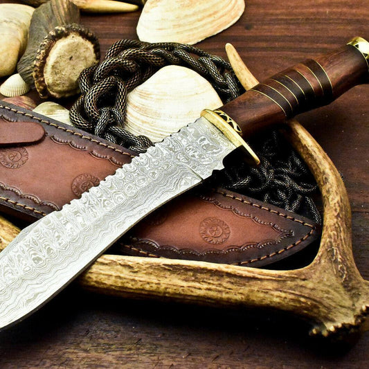 Damascus Steel Bowie Knife – 14" Walnut Wood Handle