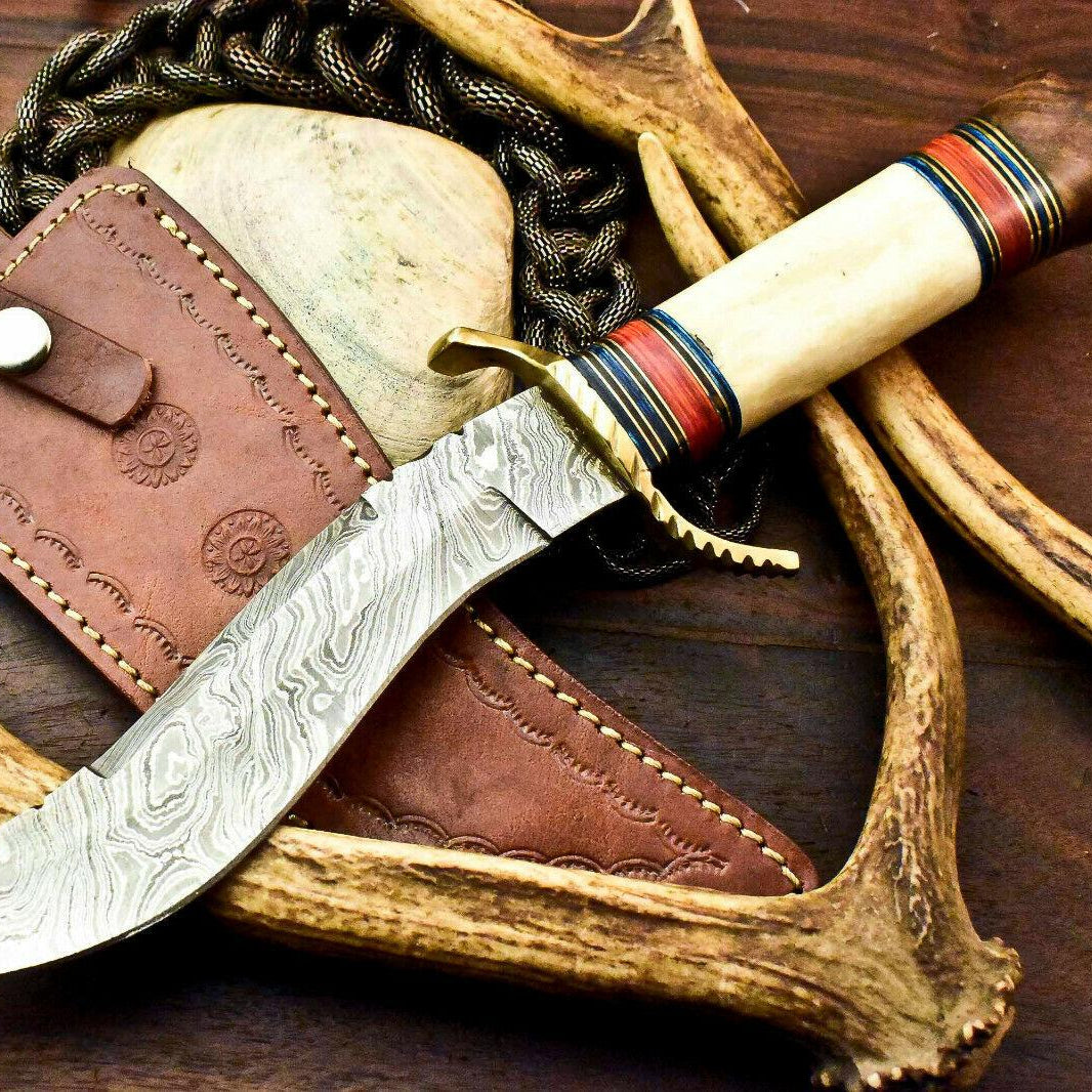 Damascus Steel Bowie Knife – Handmade Hunting Blade with Camel Bone Handle