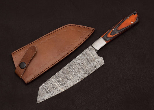 Damascus Steel Chef & Hunting Knife 8" Blade Pakka Wood Handle + Sheath
