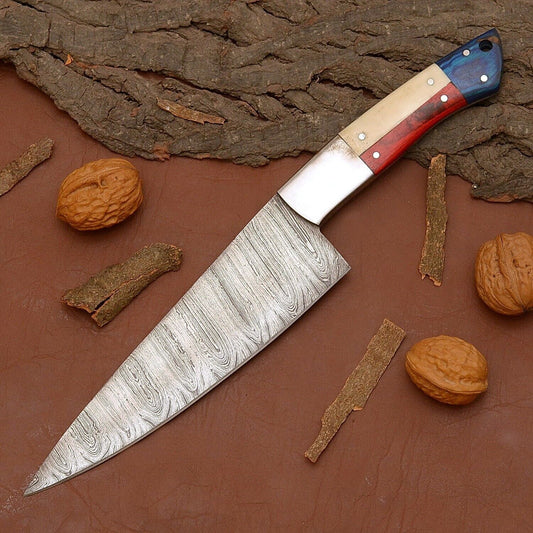 Damascus Steel Chef Knife | 12" Full Tang Kitchen Knife with Wooden Handle & Sheath