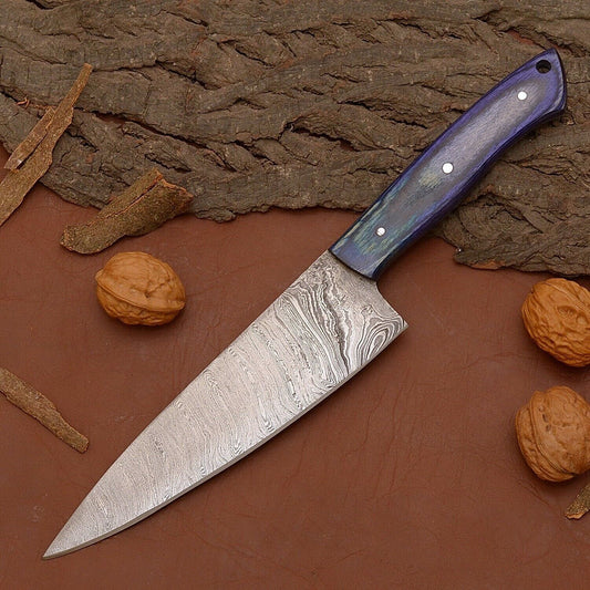 Damascus Steel Chef Knife | 12" Kitchen Knife with Wood Handle & Leather Sheath