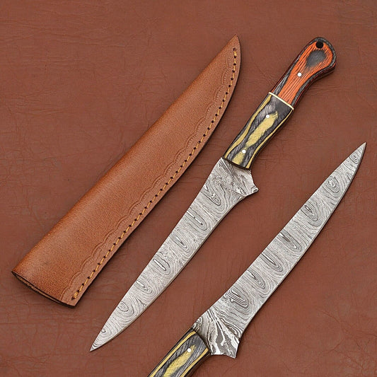 Damascus Steel Fillet Chef Knife with Pakka Wood Handle & Leather Sheath