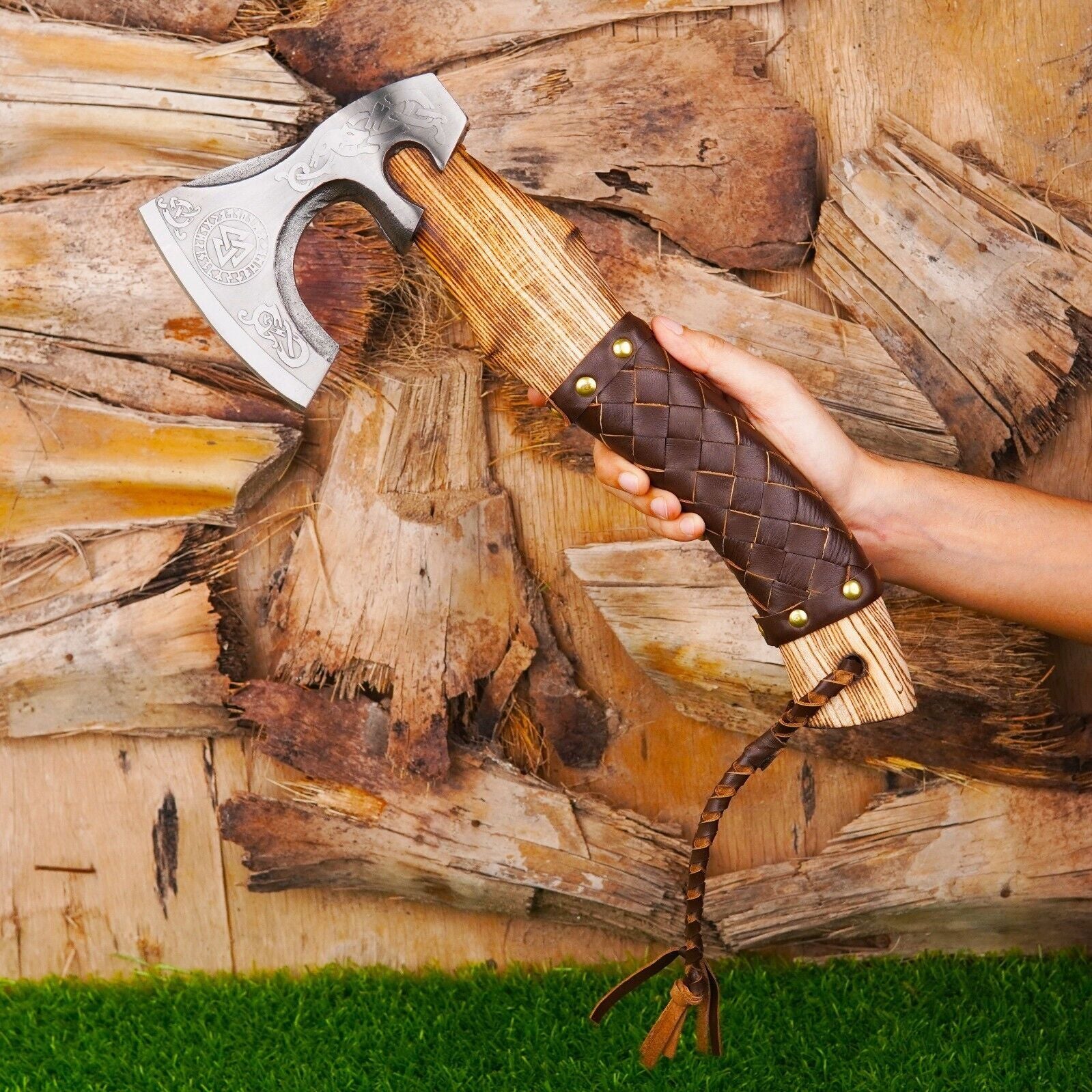 Damascus Steel Hand Forged Odin’s Viking Axe Bearded Battle Axe for Camping with Leather Sheath