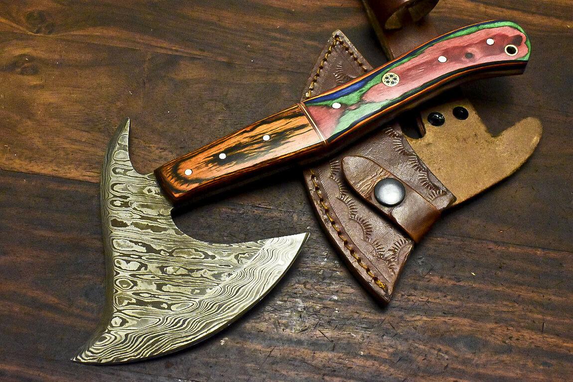 Handmade Damascus Steel Hard Wood Hunting Clever Chopper Axe Knife with Leather Sheath