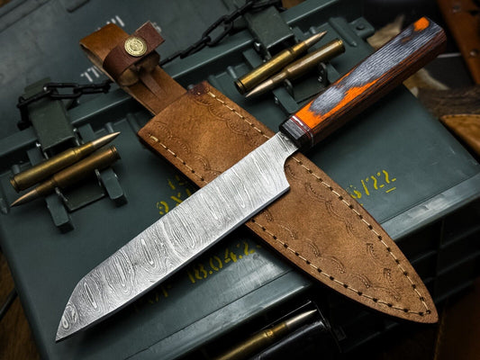 Damascus Steel Kitchen Chef Knife with Wood Handle & Cow Leather Sheath