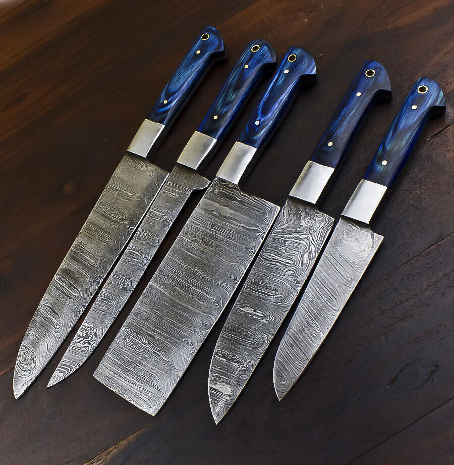Damascus Steel Kitchen Knife Set – 5 Piece Fixed Blade Chef Knives with Hardwood Handles