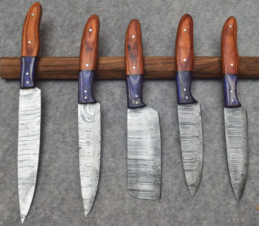 Damascus Steel Knife Set of 5 – Custom Handmade Forged Chef Kitchen Knives