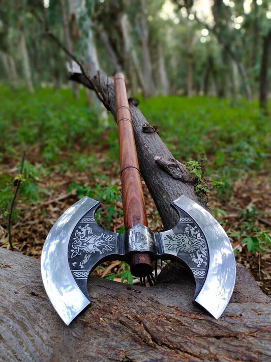 Double Head Carbon Steel Viking Axe – Outdoor Hunting and Camping Axe with Wood Handle
