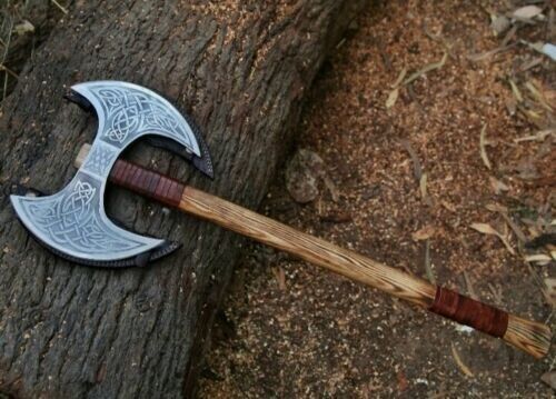 Double Headed Viking Battle Axe Hand Forged Carbon Steel Double Blade Axe with Ash Wood Handle 24 Inch