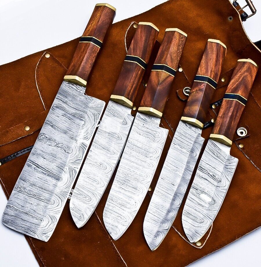 Entire World Handmade Damascus Chef Knife Set – Lot of 5 Kitchen Knives with Wood Handles & Leather Sheath