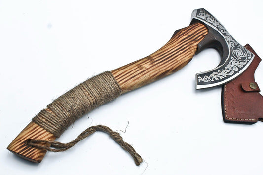 Handmade Etched High Carbon Steel Viking Axe with Ashwood Paracord Handle and Leather Sheath