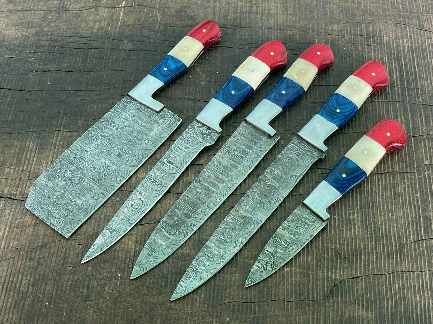 Everest 5-Piece Handmade Damascus Kitchen Knife Set – Japanese Style Chef, Cleaver, Meat & Utility Knives