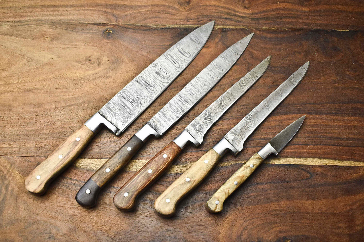 Exclusive Custom Lot of 5 Handmade Hammered Damascus Steel Chef Knife Set