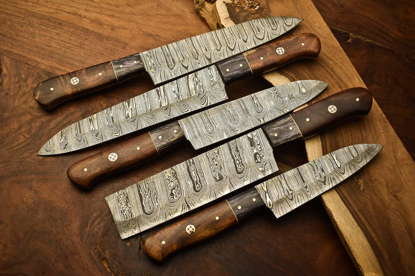 Exclusive Custom Set of 5 Handmade Hammered Damascus Steel Chef Knives – 10" to 13"