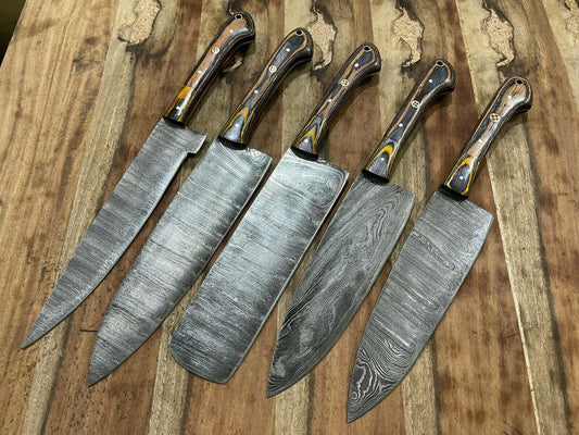 Exquisite 5-Piece Handmade Damascus Steel Chef Knife Set – Custom Kitchen Collection