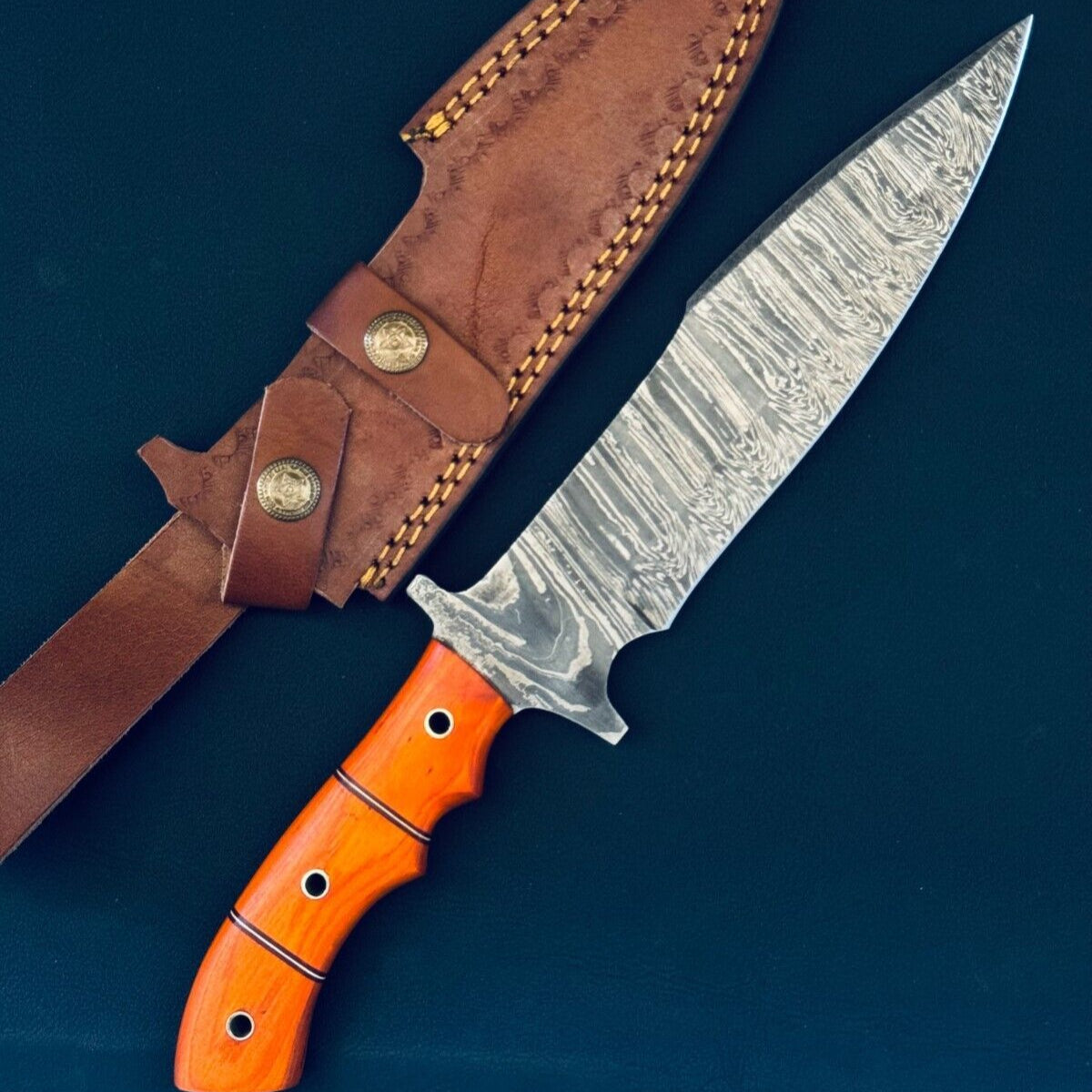 Fire Storm Damascus Steel Bowie Knife with Wood Handle for Hunting and Camping