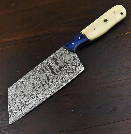 Fixed Blade Damascus Steel Clever Chopper Chef Knife with Camel Bone Handle & Wooden Bolster