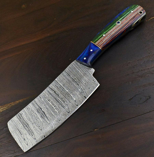 Fixed Blade Damascus Steel Hard Wood Clever Chopper Chef Knife Wooden Bolster