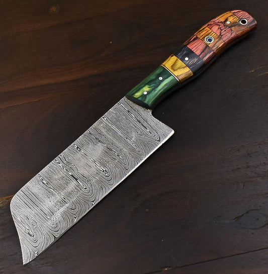 Fixed Blade Damascus Steel Hard Wood Clever Chopper Chef Knife with Wooden Bolster