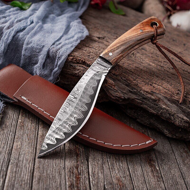Fixed Blade Hunting Knife with Wooden Handle and Damascus Pattern Kitchen Knife with Sheath