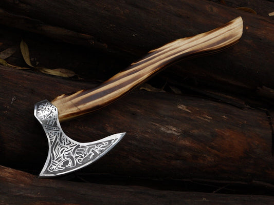 Hand Forged 18 Inch Viking Axe Carbon Steel Blade with Ash Wood Handle and Leather Sheath