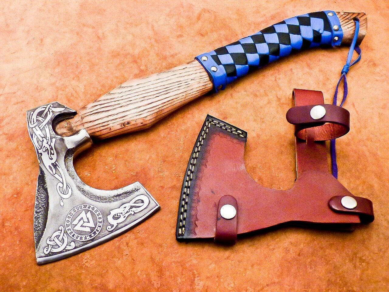 Hand Forged Carbon Steel Viking Bearded Camping Hatchet Tomahawk Axe with Leather Wrapped Wood Handle