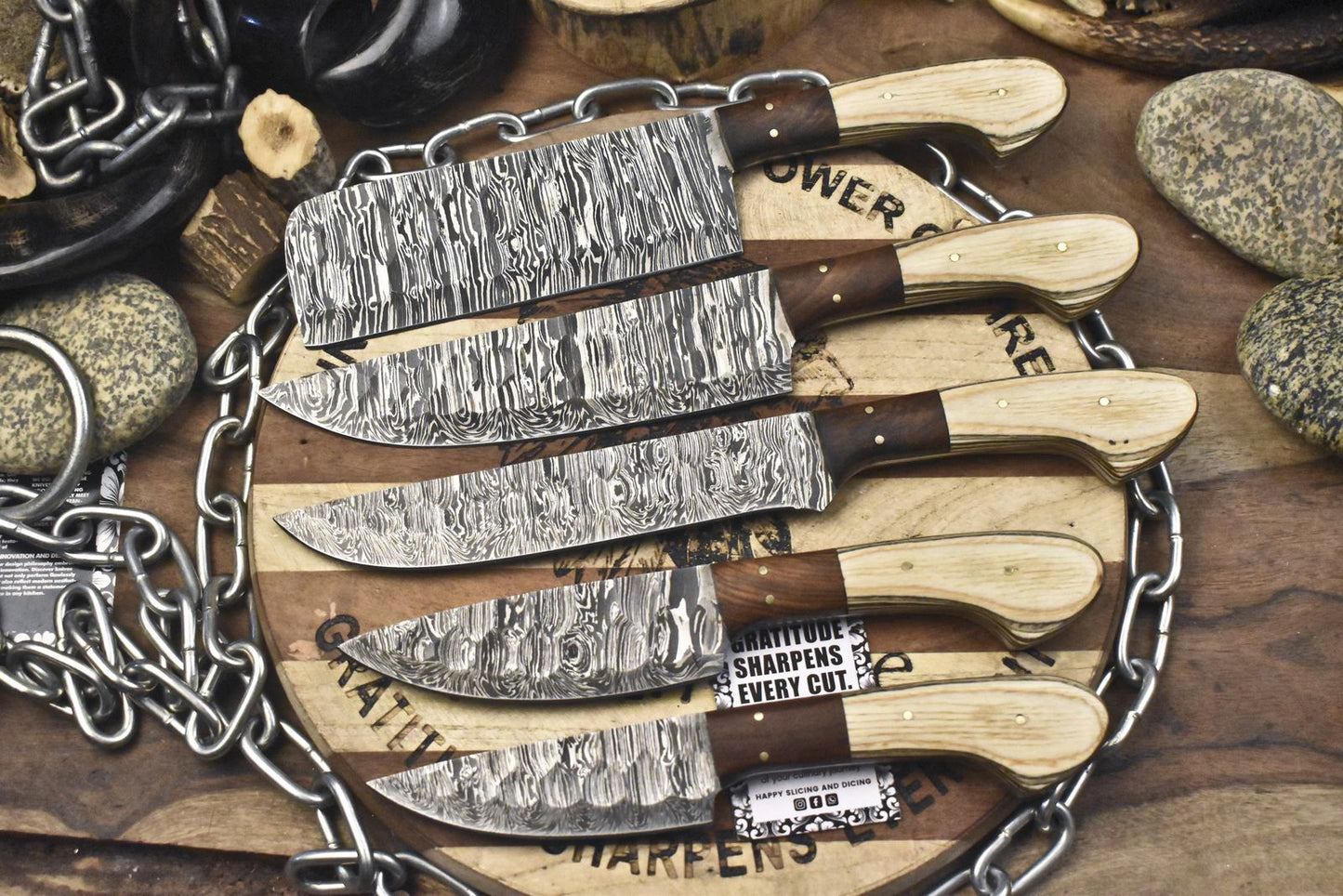 Forged Chef Knife Set Twist Damascus Steel with Hard Wood Handles – Lot of 5 Outdoor & Kitchen Knives