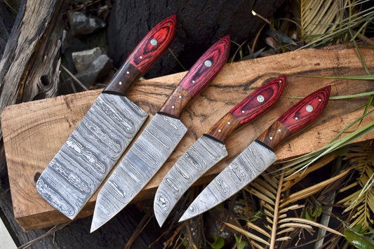 Forged Chef Knife Twist Damascus Hard Wood Wooden Bolster Lot of 4 EDC