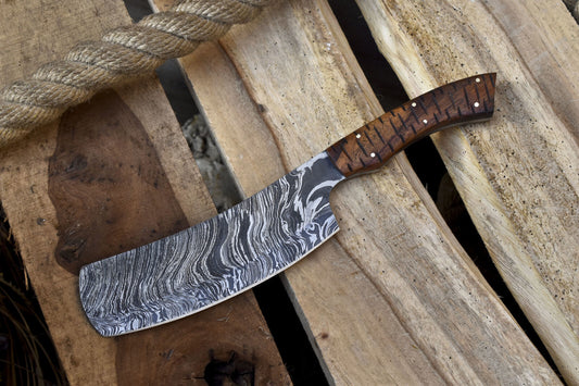 Forged Clever Chopper Chef Knife Fire Damascus Hard Wood EDC Rare