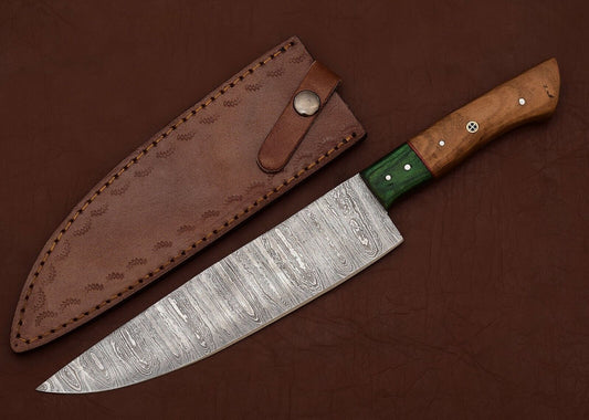 Forged Damascus Steel Chef Fillet Knife with Elegant Pakka Wood Handle & Leather Sheath