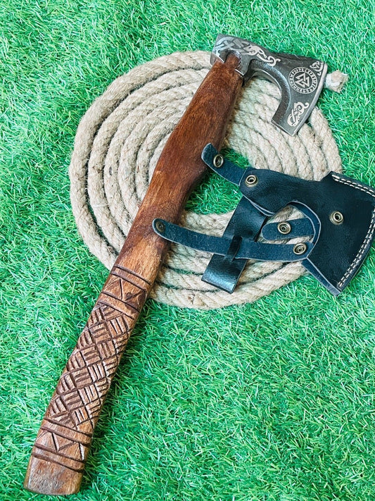 Forged Damascus Steel Viking Bearded Camping Tomahawk Hatchet Axe with Wood Handle and Leather Sheath