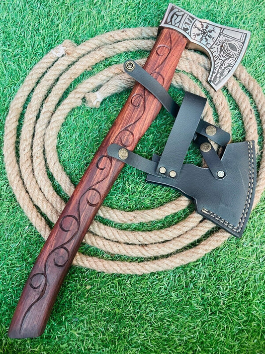 Forged Carbon Steel Viking Bearded Hatchet with Wooden Handle and Leather Cover