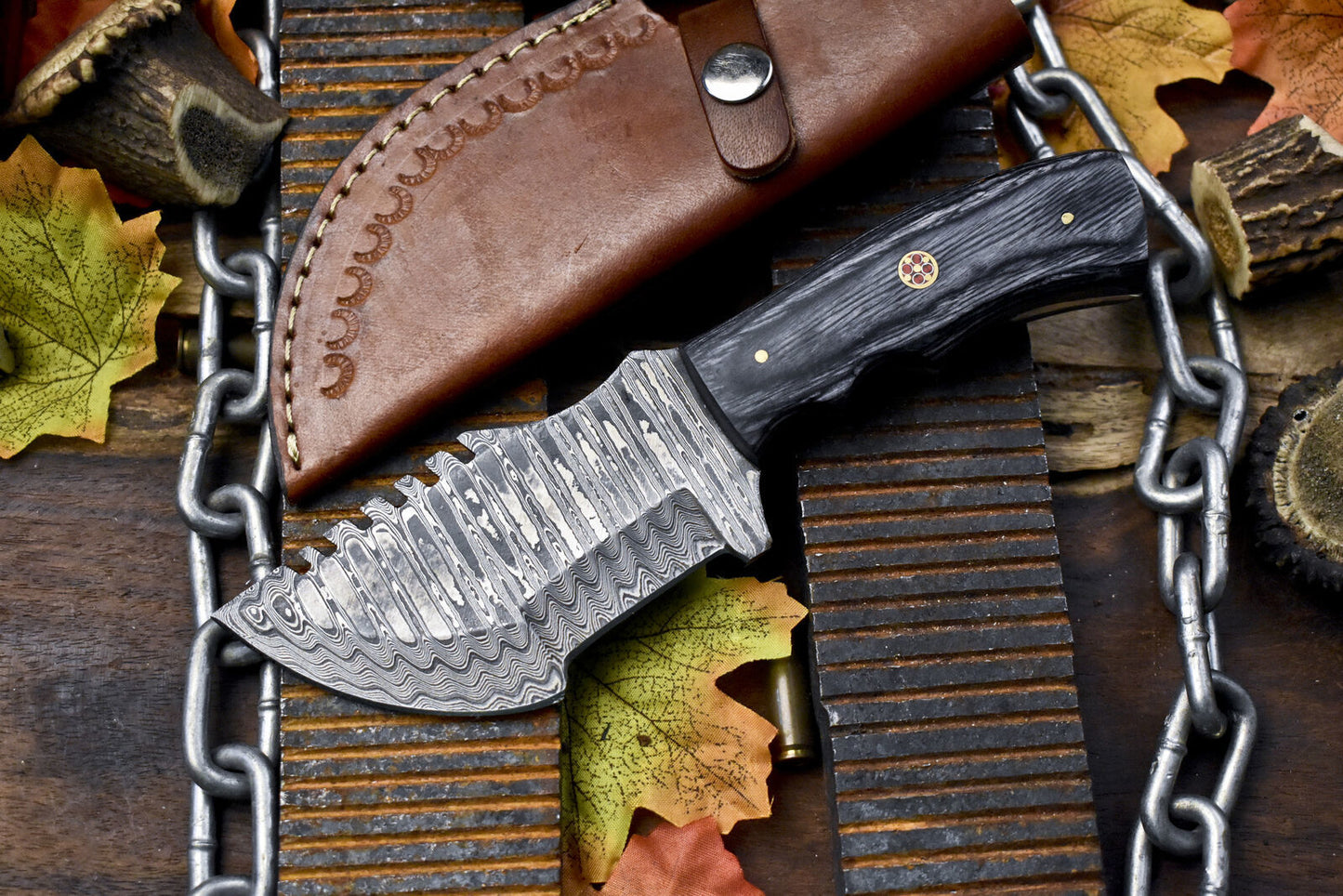 Forged Tracker Knife – Limited Edition Ladder Damascus Steel with Hardwood Handle for Survival & Bushcraft