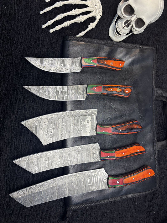Forged Twist Damascus Chef Knife Set – Lot of 5 Hardwood Handle with Wooden Bolster for Camping & Kitchen