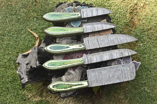 Forged Twist Damascus Chef Knives – Hardwood Handle Lot of 5 | Outdoor Closeout Set