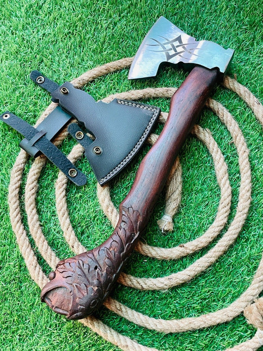 Forged Viking Bearded Tomahawk Axe with Carbon Steel Blade and Wooden Handle 24 Inch
