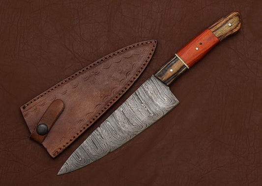 Full Tang Chef Fillet Knife with Pakka Wood Handle & Leather Sheath