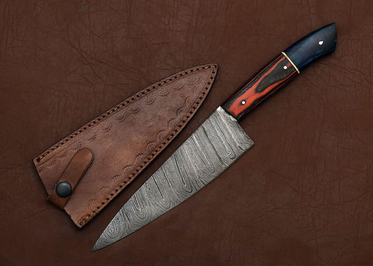 Full Tang Damascus Steel Kitchen Chef Fillet Knife with Pakka Wood Handle & Leather Sheath