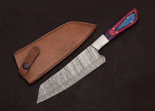 Full Tang Handmade Damascus Steel Chef & Hunting Knife 8" Pakka Wood Handle Sheath