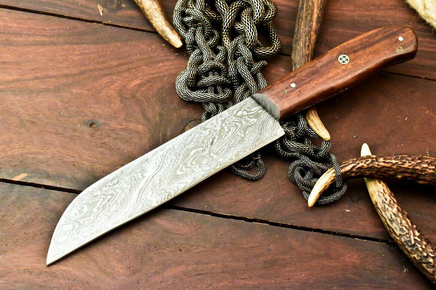 Gorgeous Custom Handmade Damascus Steel Chef Knife | Full Tang Walnut Wood Handle | 12.5" Kitchen & Camping Knife