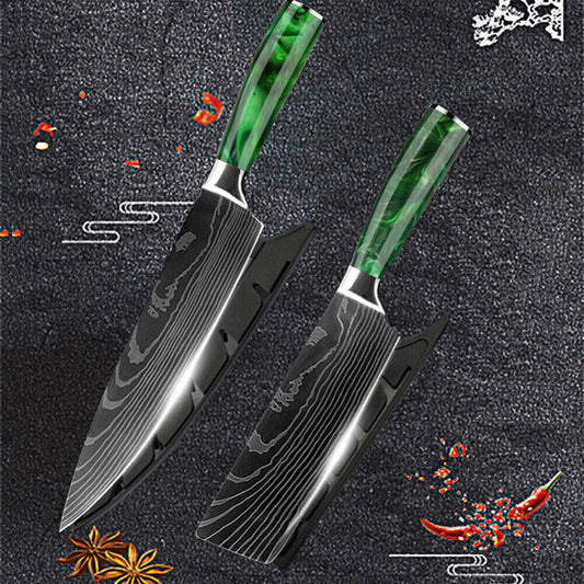 Green 2PC Japanese Style Kitchen Knife Set – Laser Damascus Pattern Chef Knives with Scabbard