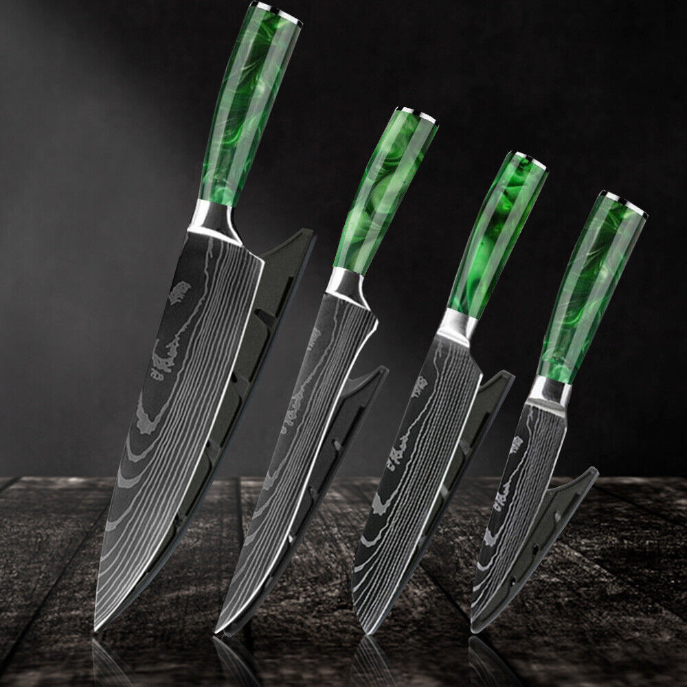 Green 4PC Japanese Kitchen Knives Set – Laser Damascus Pattern Chef Knife with Scabbard