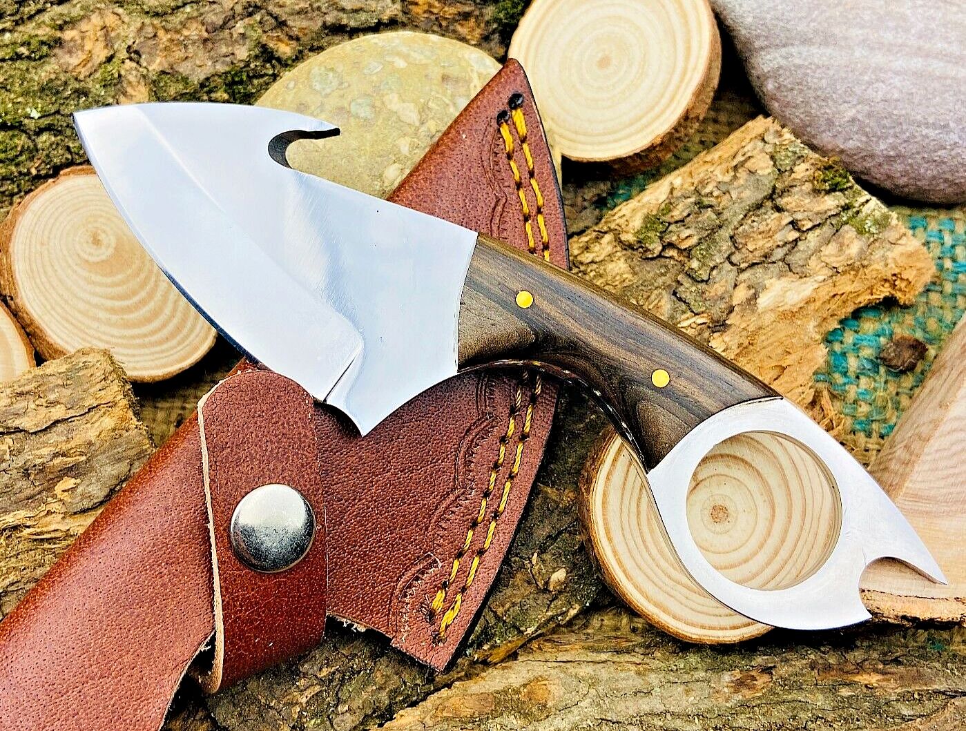 Gut-Hook Skinner Knife – 7" CR12 Stainless Steel Blade with Wood Handle & Leather Sheath