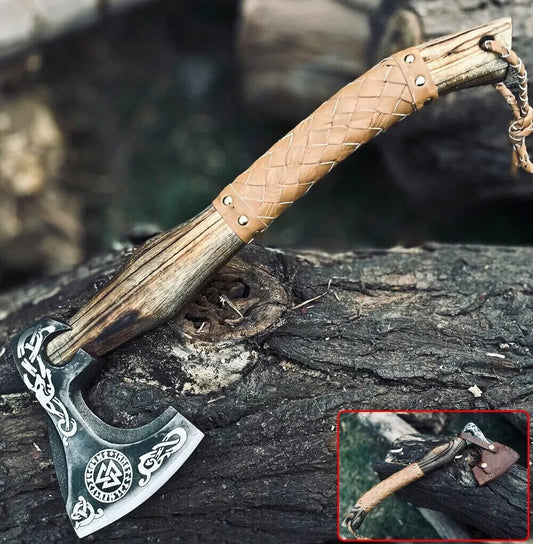 Hand-Forged Carbon Steel Viking Bushcraft Axe – Durable Cutting Hatchet with Leather Sheath