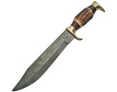 Hand-Forged Damascus Bowie Knife – Stag Bone Handle & Leather Sheath